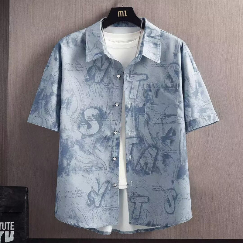 Handsome Printed Shirt Short-Sleeved Men's Summer Half-Sleeved Shirt Men's Youth Casual Loose Ice Silk Jacket Men