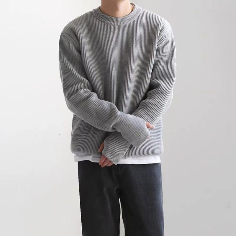 马家四角秋冬男士宽松圆领针织衫纯色保暖休闲英伦毛衣外贸衣服|undefined
