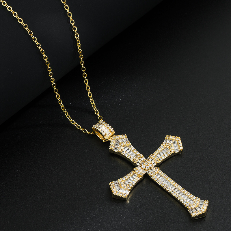 Mode Kupfer Gold-überzogene Micro Intarsien Zirkon Anhänger Kreuz Halskette display picture 4