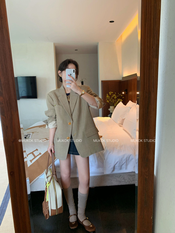 MUKOK 柏林春叶~感廓形西装外套女春季新款复古宽松休闲西服|undefined