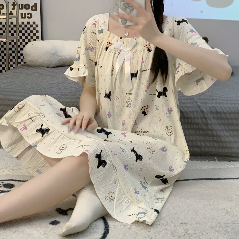 Princesa viento pijama de verano mujer tela de algodón gancho vestido de pijama de mangas cortas suelto tamaño más grande 200 kg se puede usar ropa para el hogar