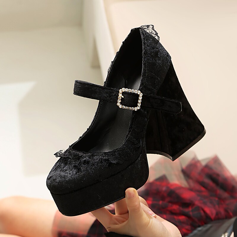 2025 Cross-border Buckle Platform High Heels Gothic LO Shoes Platform Lace Suede Mary Jane Shallow Mouth Shoes
