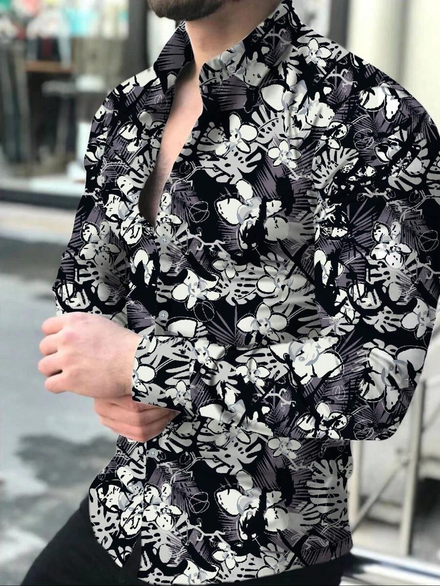 Moda todo fósforo color sólido tinta flor impresión digital 3D hombres primavera y otoño suelta camisa de botón de solapa de manga larga
