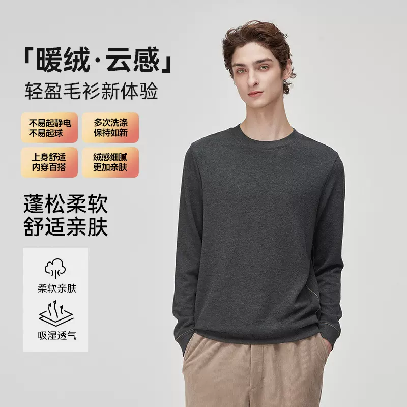 秋冬厚款男士粗针圆领套头打底上衣宽松长袖休闲保暖上衣可外穿