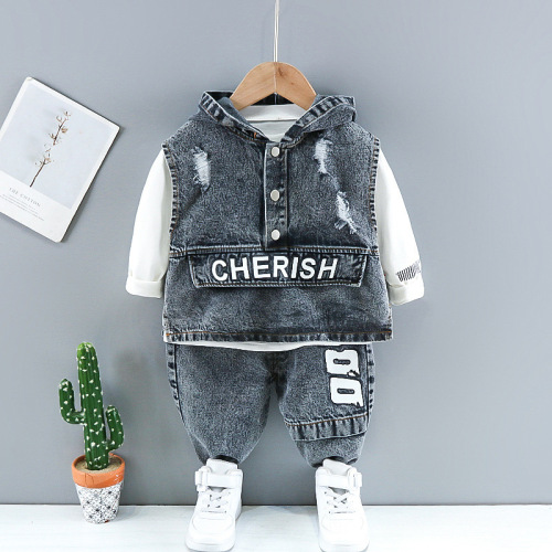 children's clothing spring wholesale denim three-piece set for boys trendy hooded denim suit fashionable children's clothing one-piece dropshipping