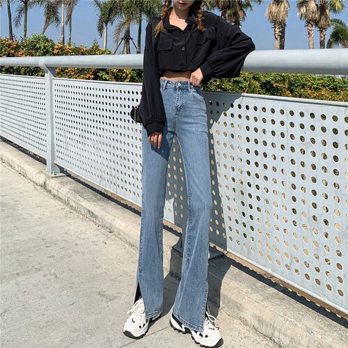 Slit high-waisted stretch jeans for women summer new style slim and slim, versatile, floor-length, micro-flared pants, trendy