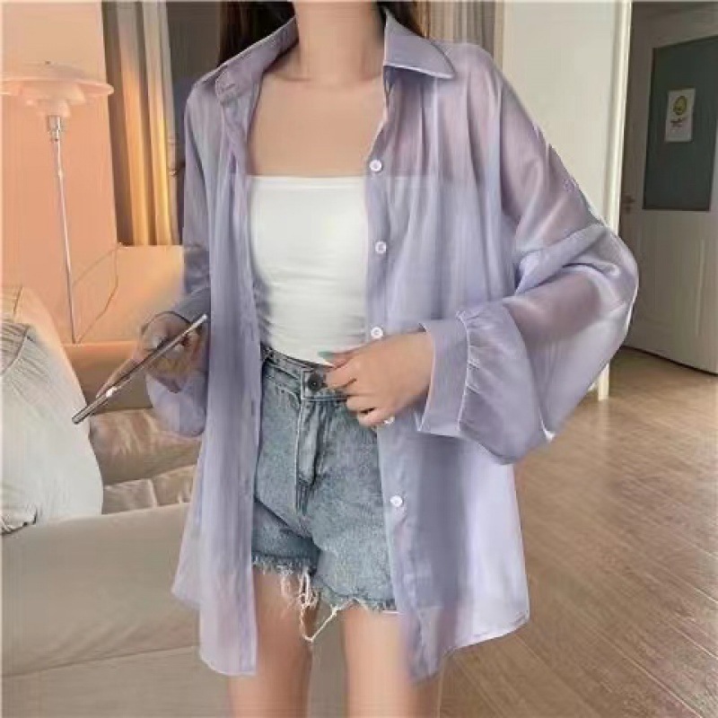 Hilo de perlas de diseño delgado micro-transparente de manga larga abrigo protección solar camisa Alibaba red al por mayor 1688
