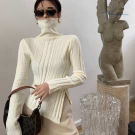 LE LART韩版冬季新款时尚气质高领坑条不规则针织毛衫显瘦上衣 女