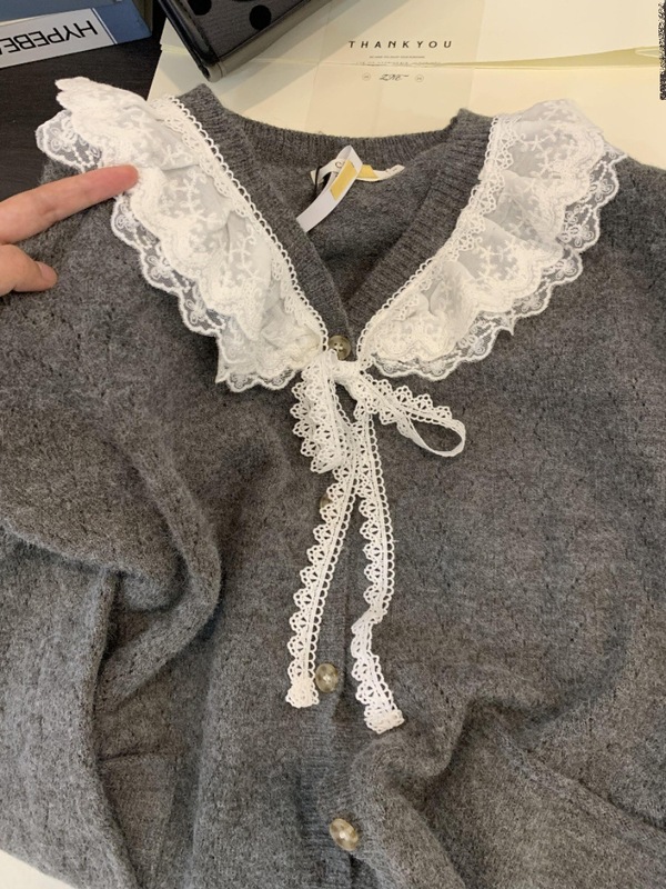 娃娃领毛衣女秋慵懒可爱甜美蕾丝V领针织开衫外套日系温柔上衣|undefined