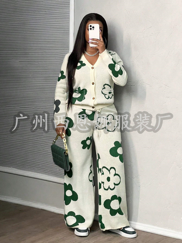 休闲简约V领长袖开襟外套+阔腿裤绿色花卉针织套装女士毛衣两件套|undefined