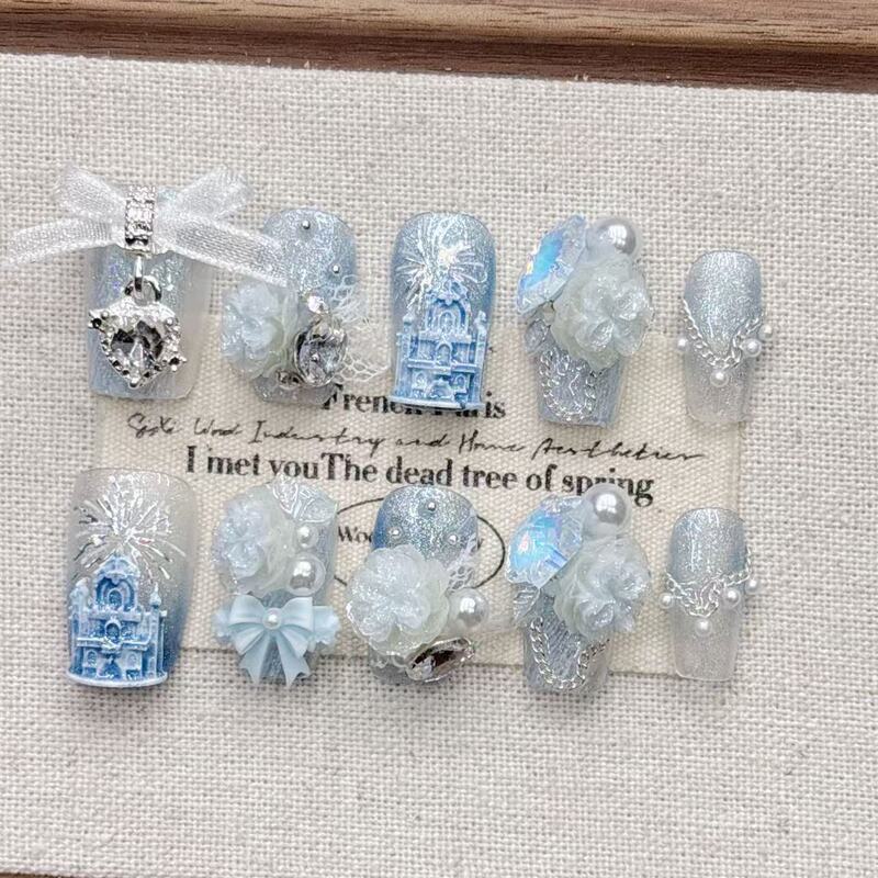 Blue Castle Heavy Industry's Stunning 2026 Beautiful Nail Art Wholesale Fake Nails Short Almond Pure Handmade Wearable Nails