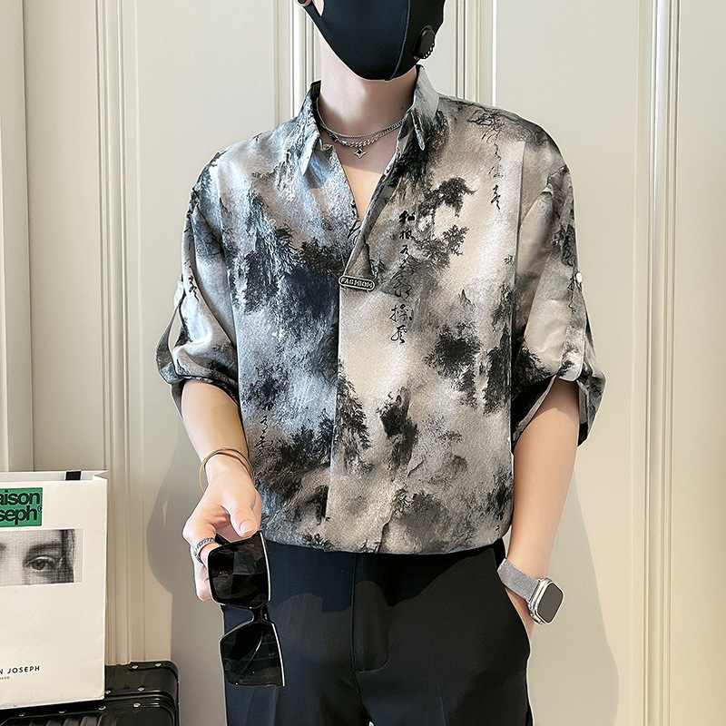 新中国式国風シャツ男性半袖カジュアルごろつきかっこいい水墨染めシャツ2025新型男性夏服上着|undefined