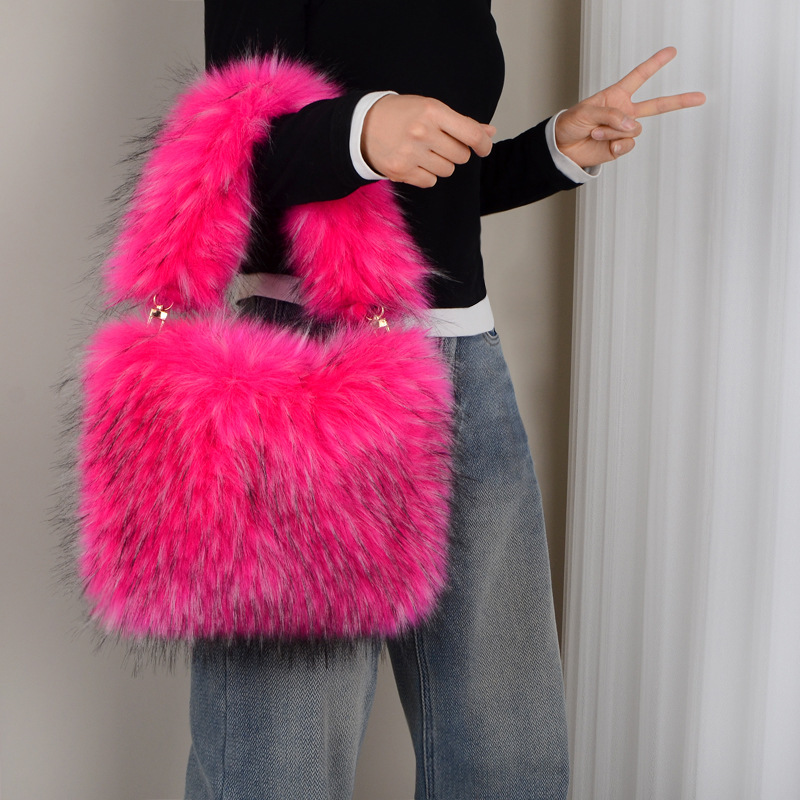 Cross-Border New Style Plush Bag, Imitation Raccoon Fur Handbag for Women, Large Capacity Tote Bag, Imitation Fur, Street Fashion