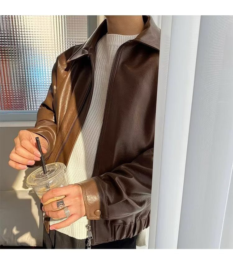 Vintage Short Leather Jacket Men's Loose Locomotive Suit Trendy Brand Pilot Leather Jacket Jacket_viptrois.com