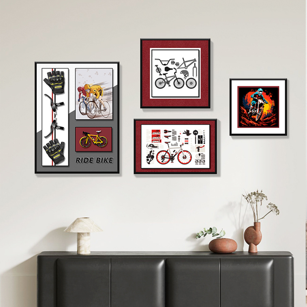 Sofá de sala de estar pared de fondo conjunto de pinturas múltiples combinación de bicicleta 3D tridimensional arte de sentido avanzado decoración creativa pintura colgante
