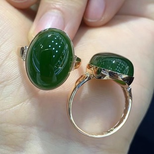 Fubei Diamond Jewelry [18K Gold Inlaid with Natural Hetian Jasper Spinach Green Ring] Loose Stone 12*16mm
