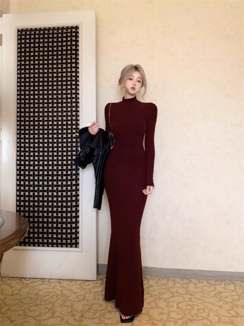 Spice Girl Shows Body Half Turtleneck Bottom Hip Dress Female Sexy Slim Burgundy Thin Fishtail Long Skirt_ecoleips.com