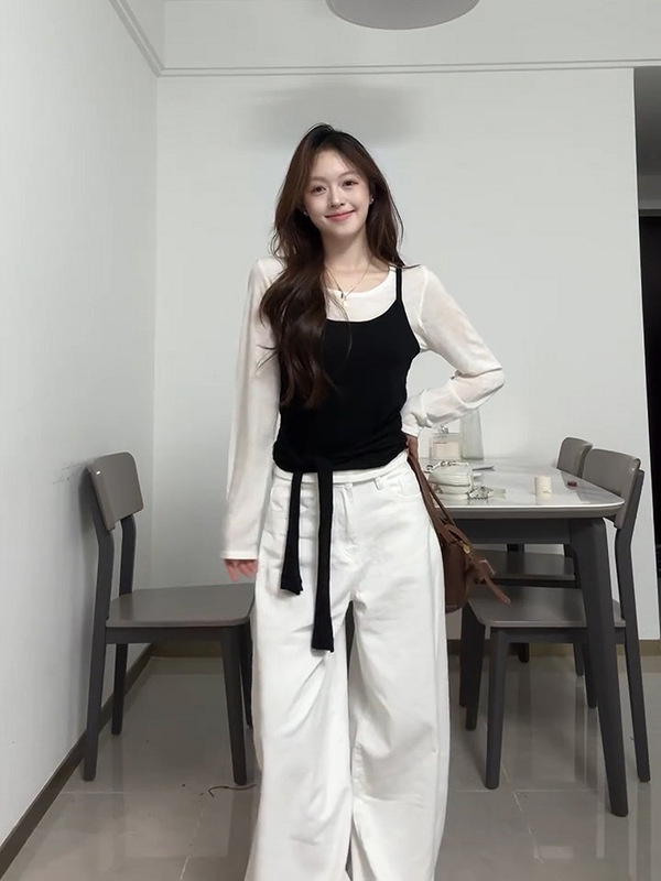 韩系ins风假两件长袖t恤女早秋季2025新款设计感温柔气质修身上衣|undefined