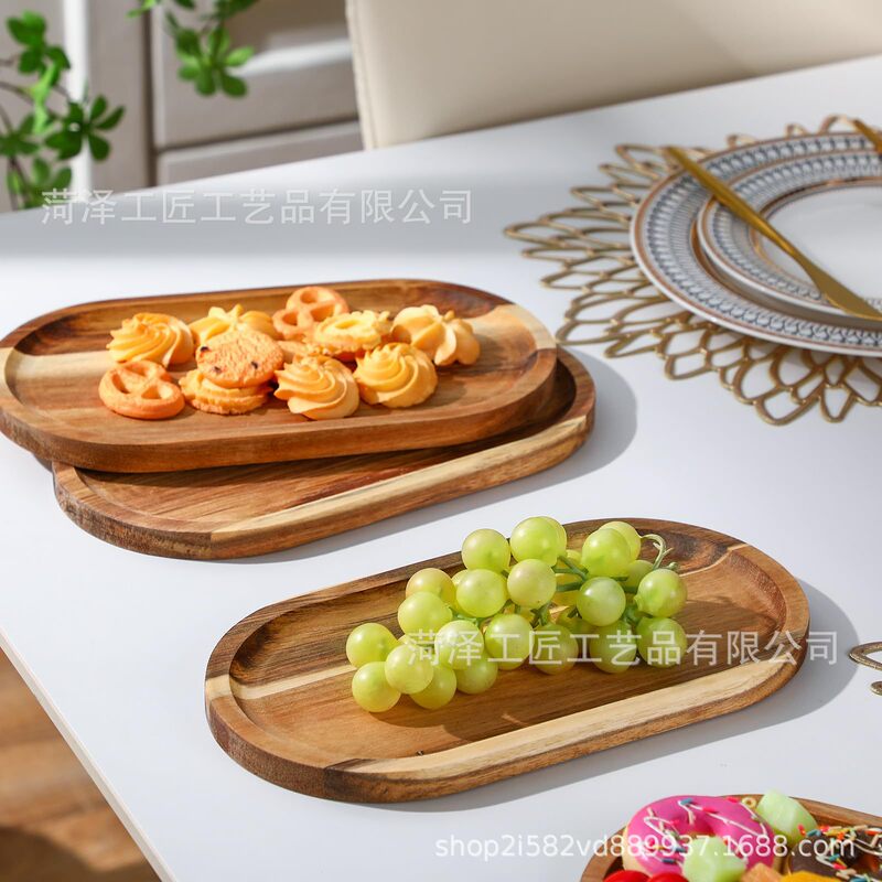 Cross-Border Wooden Tray Acacia Wood Household Tableware Bamboo Wood Creative Dried Fruit Tray Snack Bamboo Tray Snack Tray
