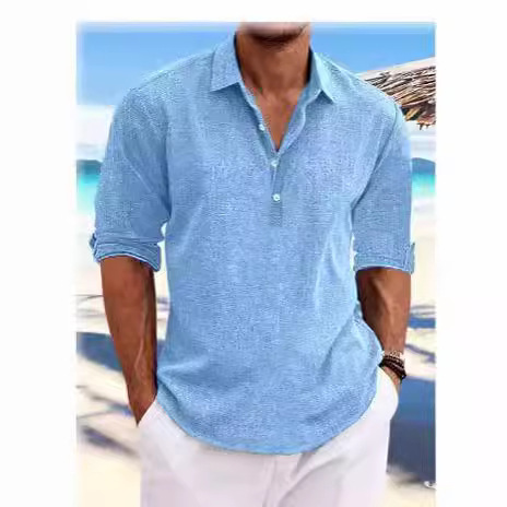 2025 Export Men's Shirts European and American Men's Pullover Shirts Pure Color Lapel Long-Sleeved Cotton and Linen Casual Shirts