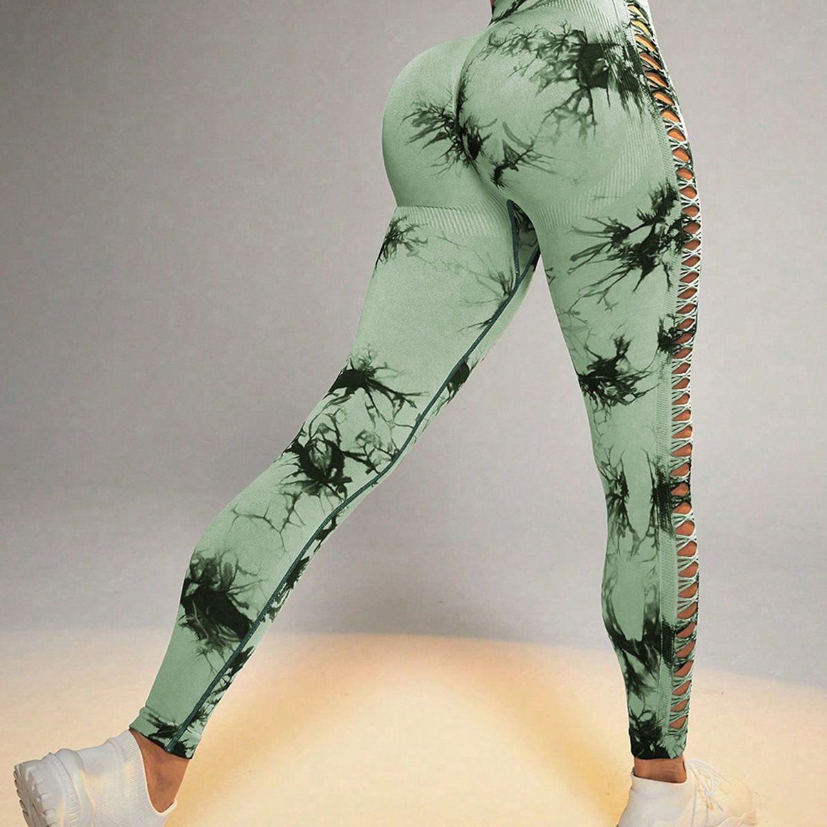 European and American-style tie-dye yoga pants, hollowed-out seamless sports leggings, high-waisted hip-lifting mesh fitness trousers—wholesale