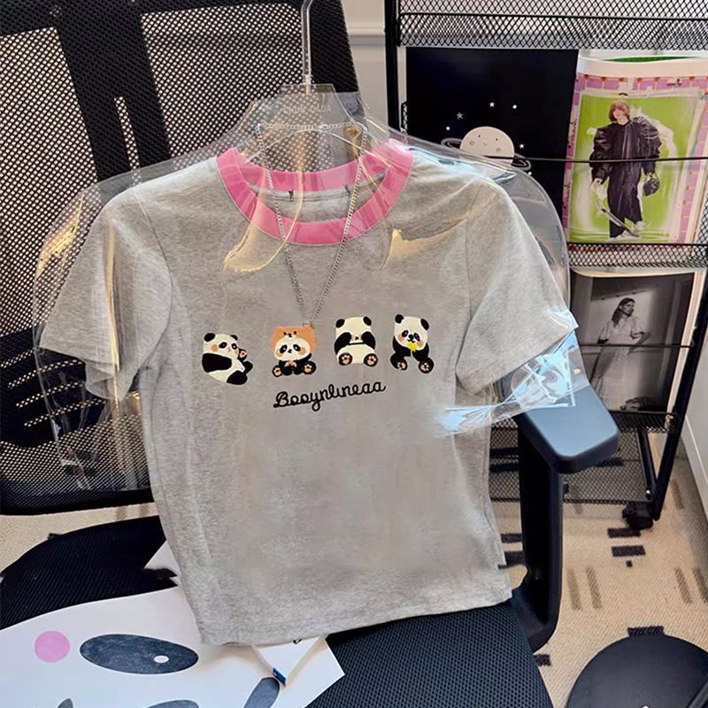 2026 New Popular Gray Panda Short-Sleeve T-Shirt for Women, Summer Petite Short Slim-Fit Trendy Top