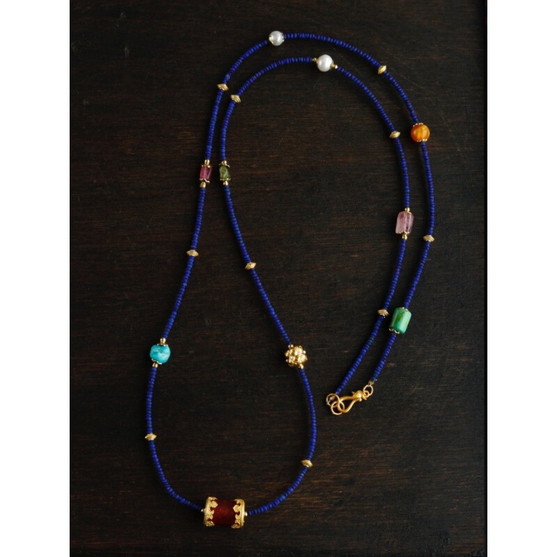 Natural Lapis Lazuli Small Beads Multi-Circle Multi-Gem Design Bracelet and Necklace Dual-Use Style Paired with Pearl and Tourmaline Accessories