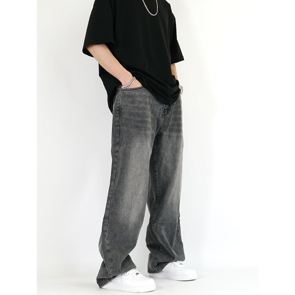 Pantalones vaqueros de cintura elástica gris ahumado retro de estilo europeo y americano para hombres y mujeres pantalones de drapeado de pierna ancha rectos sueltos