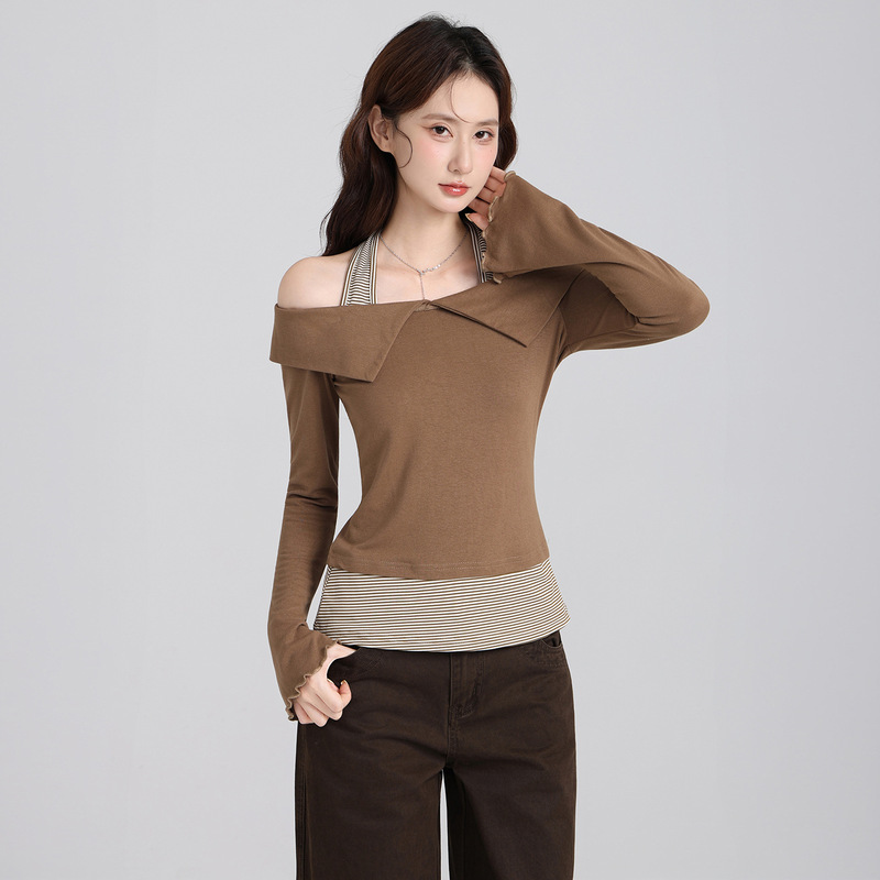 Brown Off-Shoulder Faux Two-Piece Halter Neck Long-Sleeve T-Shirt for Women, 2026 Autumn New Style, Waist-Cinching Slimming Design Top