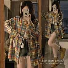 新款秋季时尚美式复古条纹格子衬衫长袖外套情侣百搭宽松休闲衬衣
