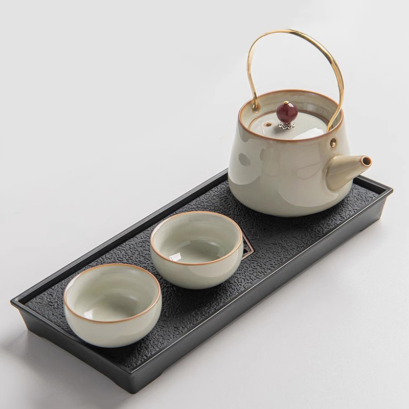 Beige Ruyao Kung Fu Tea Set Small Set Double Coil Pot Hotel Tea Set Dry Tea Set One Pot Two Cups Tea Tray