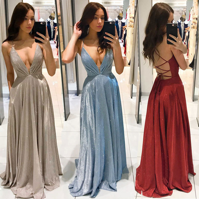 Comercio exterior europeo y americano Amazon AliExpress deseo vestido de noche de las mujeres sexy profundo cuello en V Correa vestido largo sin espalda