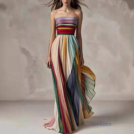 跨境独立站亚马逊2025新款欧美性感抹胸印花高腰大摆彩色长裙礼服