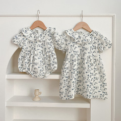 Summer New Women's Baby Short Sleeve Baby Bodysuit Romper with Floral Print for Girls, Sister Set Baby Dress