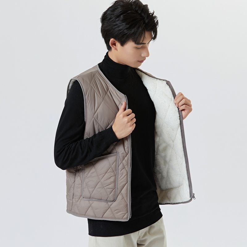 Men's down Cotton Vest with Fleece, Thickened, Slim Fit, Warm, Zippered, Inner Lining, Base Layer, Autumn and Winter Sleeveless Jacket