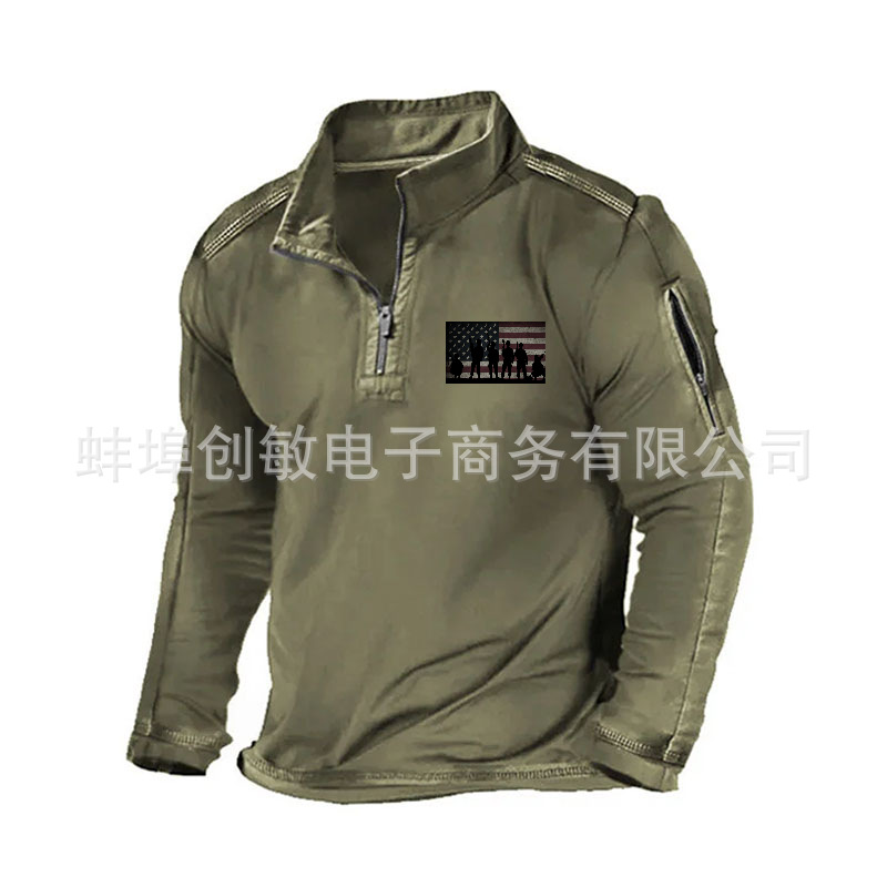 Primavera y otoño Comercio exterior más tamaño de los hombres al aire libre bolsillo con cremallera media cremallera cuello táctico de manga larga Camiseta suéter casual
