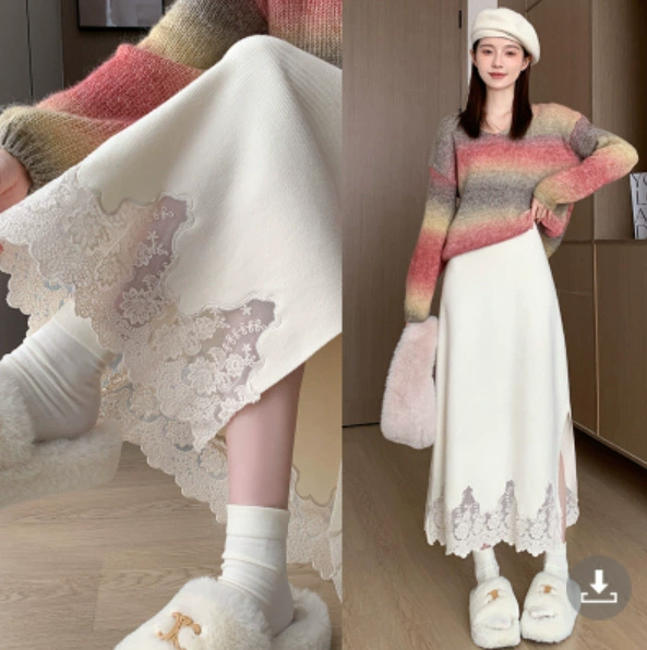 Фото настоящей модели: юбка миди из плотного кружевного трикотажа для женщин, зимняя длинная юбка, новая юбка А-силуэта с высокой талией и разрезом, облегающая юбка-бодикон.