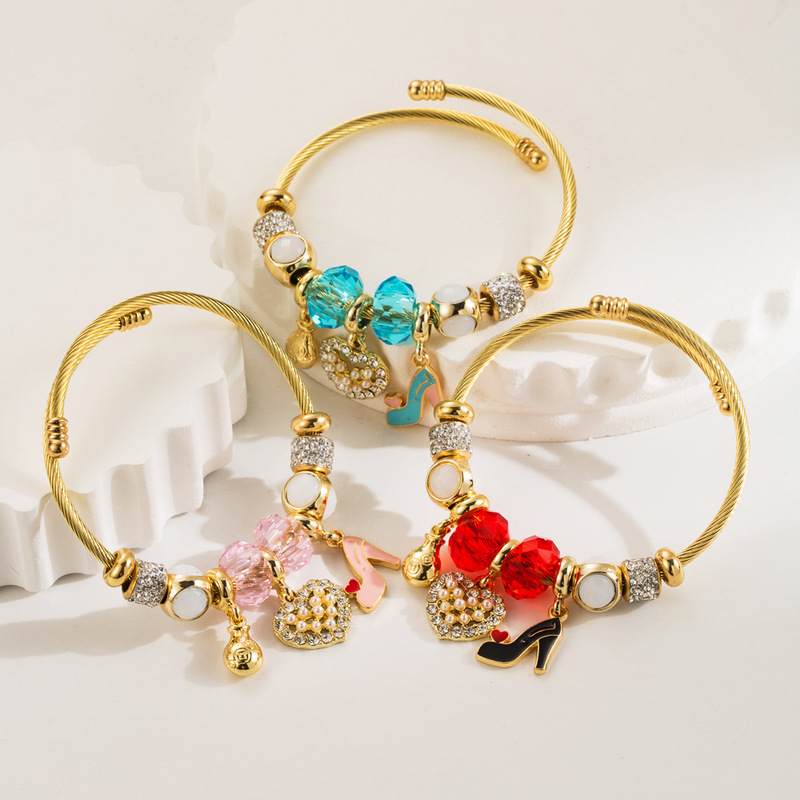 Fashion panjiadora stainless steel diamond pearl bracelet women's all-match lovely high heel shoes pendant adjustable bracelet Fashion panjiadora stainless steel diamond pearl bracelet women's all-match lovely high heel shoes pendant adjustable bracelet