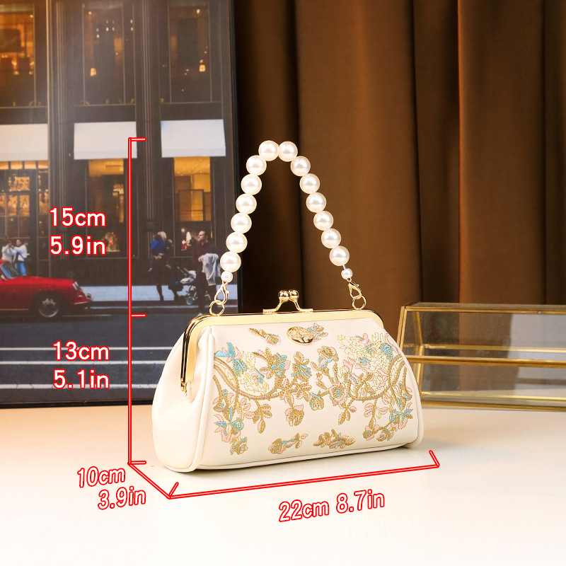 Bolsa bordada com corrente de pérolas, modelo transversal, elegante, para usar embaixo do braço, ideal para cheongsam, tamanho médio, em couro PU, com vários compartimentos._voghion.com