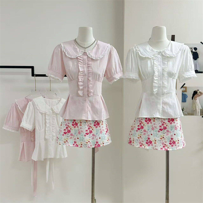 Plus Size 150kg Pink Doll Collar Lace Patchwork Waist-Cinching Shirt for Women, Super Stylish Korean Style Top for Summer
