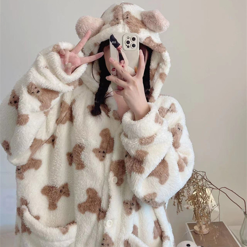 Coral pijamas camisón de invierno Albornoz de las mujeres engrosada de lana forrada cardigan camisón largo de franela de dibujos animados ropa de casa