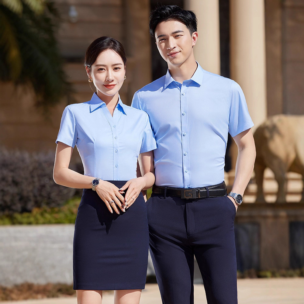 竹纤维套装薄款销售工作服业务员职业衬衫女领夏衬衣灰男士短袖寸