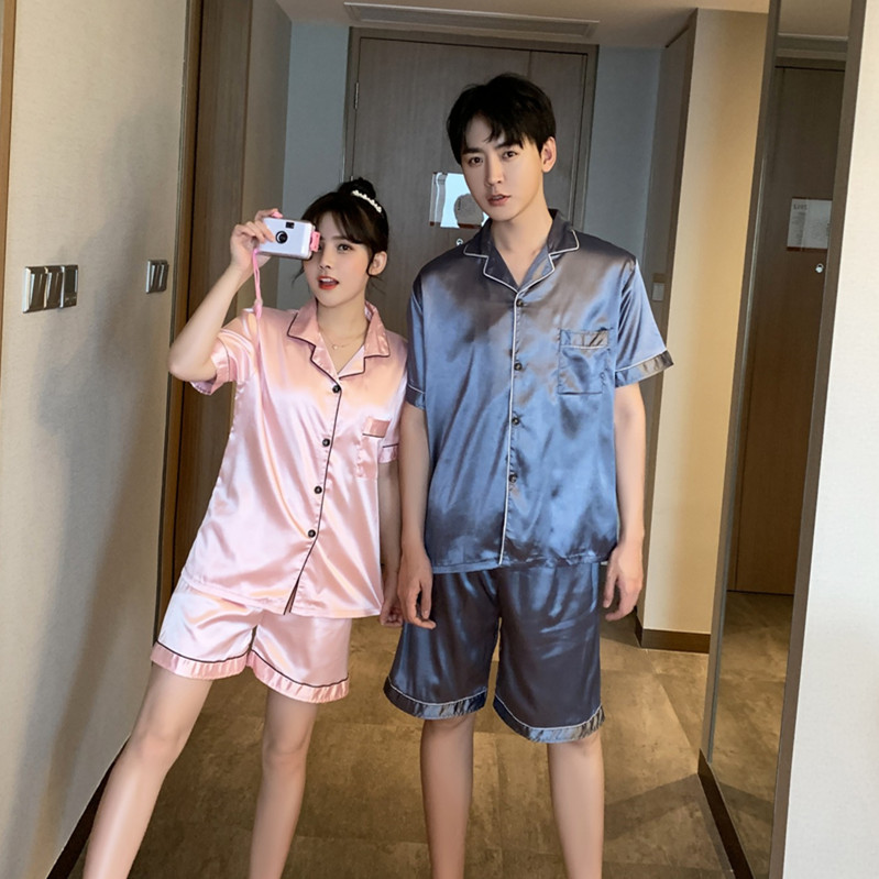 Fábrica directa pareja pijamas de las mujeres de manga corta de color sólido simple cardigan de seda artificial traje fino desgaste del hogar de los hombres de seda de hielo