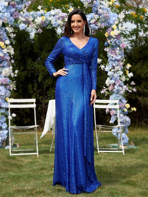 Elegantes Langarm Pailletten Abendkleid Für Damen Einfarbig_voghion.com