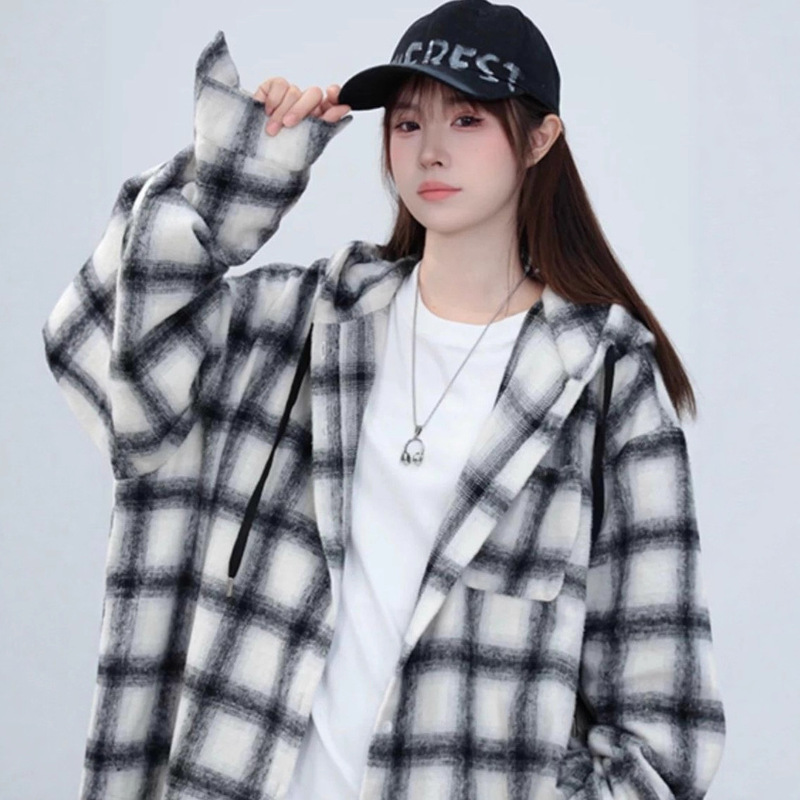 American Plaid Hooded Shirt Jacket for Women in Autum, New Loose Lazy Style Mid-Length Casual Top Cardigan