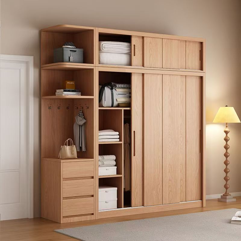All Solid Wood Wardrobe Home Bedroom Pine Sliding Door Modern Log Children's Wardrobe Simple Wardrobe Storage Cabinet