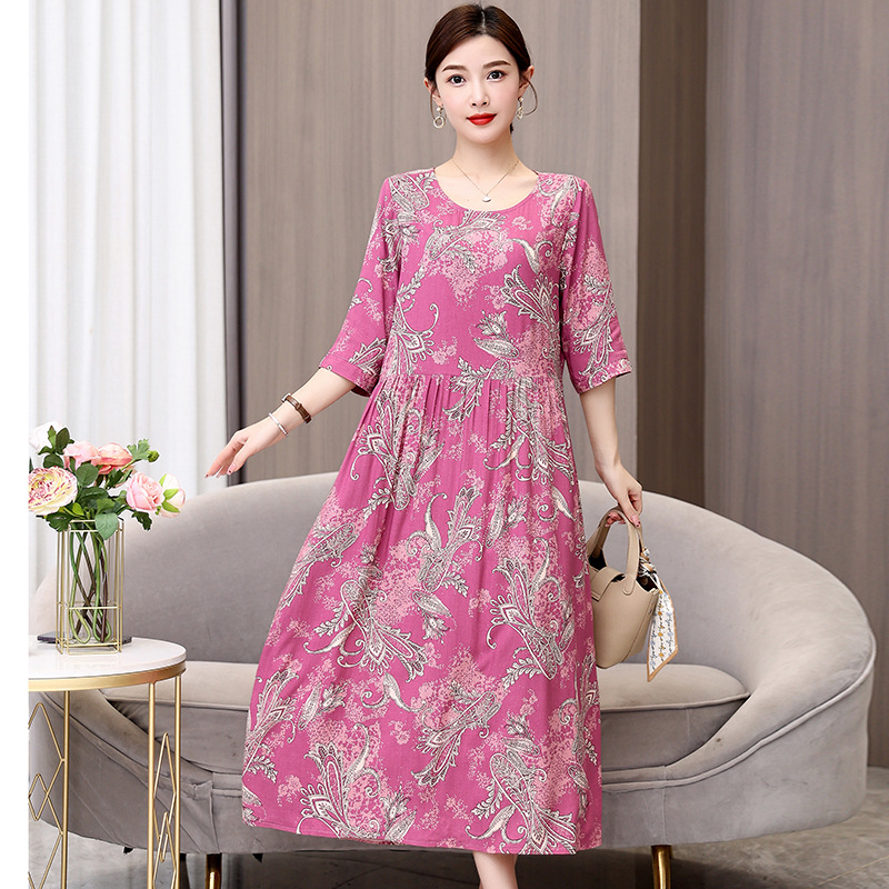 Cotton Silk Dress 2026 New Style for Moms, Summer Half-Sleeve, Elegant Middle-Aged Women's Loose Printed Mid-Length Dress