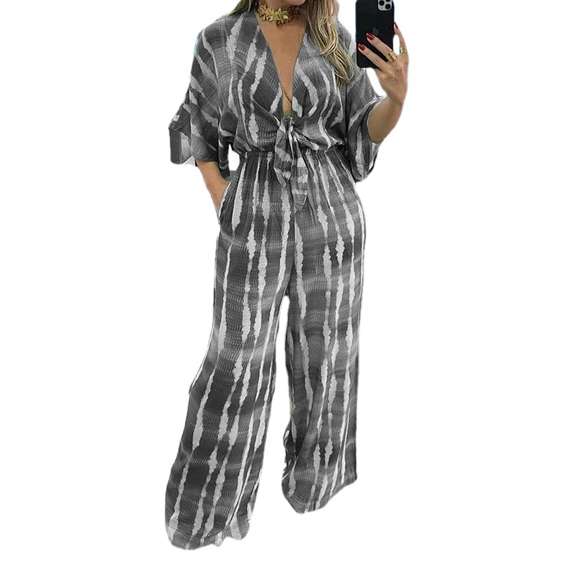 AliExpress 2023 nuevo otoño europeo y americano ropa de mujer simple sexy con cuello en v encaje suelto de manga tres cuartos mono image 1