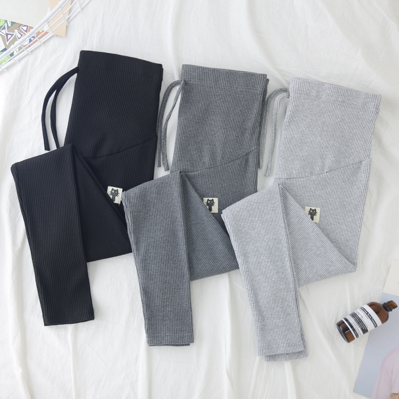 Maternity Leggings Thin Outerwear Cropped Autumn Gray Belly Support Elastic Slim Pants Adjustable Ribbed
