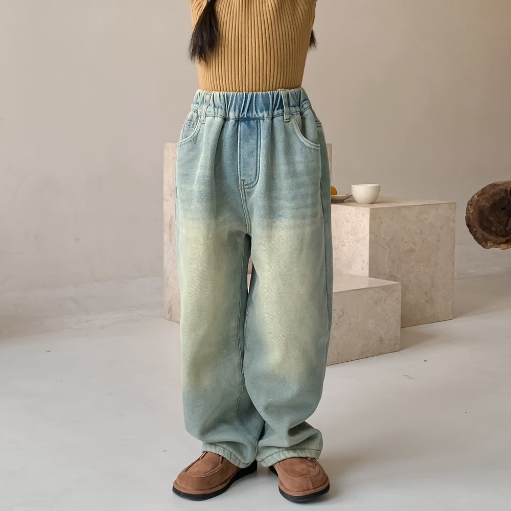 Børne 2023 vinter kvinders baby koreansk vask hvid denim bukser med lige ben børns afslappet alt-i-én plys_voghion.com